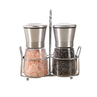 Stainless Steel Manual Salt & Pepper Grinder Set with Glass Bottles & Shelf