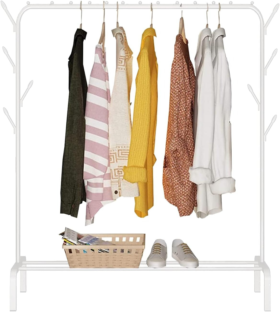 edihome, Clothes Rail, Rack for Bedroom, 118 x 148 x 39 cm, Heavy Duty, Metallic, with Shoe Holder, for Hanging Clothes, Skirts, Shirts, Trousers (White)